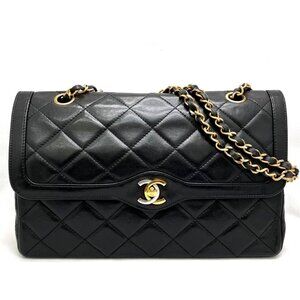 Authentic CHANEL 24K Gold CC Paris Limited Double Flap Bag Lambskin Chain Black